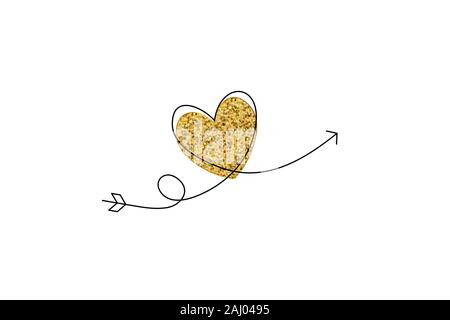 Cupido s freccia nel disegno continuo di linee sotto forma di un cuore d'oro in un appartamento di stile. Linea nera continua. Lavoro design piatto. Simbolo di Illustrazione Vettoriale