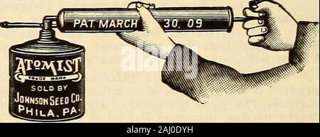 Johnson's garden & farm manuale : 1913 . Realizzato in stagno e ottone. Genera uno spruzzo come nebbia fineas. È adatto per la distruzione di ogni tipo di insetto. Molto utile per la spruzzatura di pidocchi keroseneand killers in case di pollame; anche in sprayingpotatoes con Paris-acqua verde e nei giardini andvineyards. Prezzo, stagno, 50c.; ottone, 75c. JohnsonsAuto-. Foto Stock
