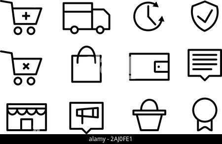 Impostare il pittogramma supermercato servizi, Shopping icone. Shopping on line icona Illustrazione Vettoriale