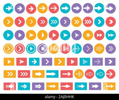 Frecce color vector icon set. La freccia nel cerchio e rettangolo simboli isolati pack. Avanti, avanti, i pulsanti precedente segni colorati bundle. Cursori Illustrazione Vettoriale