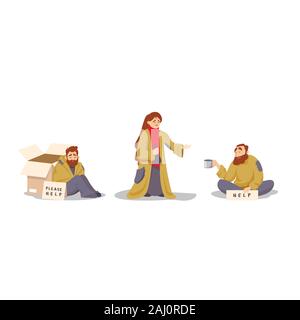 Set di cartoon poveri affamati chiedendo cibo e denaro isolato su bianco Illustrazione Vettoriale