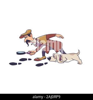Maschio maturo detective con il cane in seguito sulla via isolato su bianco Illustrazione Vettoriale