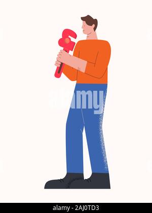 Maschio di carattere informale sorridente idraulico che porta utensile isolato su bianco Illustrazione Vettoriale