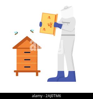 Apicoltore maschio bianco in tuta di protezione sul lavoro apiario circondato da bee grande stile degli arti Illustrazione Vettoriale