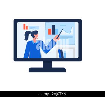 Traduzione Online webinar di formazione video internet educazione presso il monitor di un computer isolato su bianco Illustrazione Vettoriale