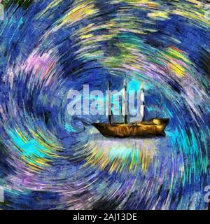 Barca a vela in colorate vortex. La pittura digitale Foto Stock