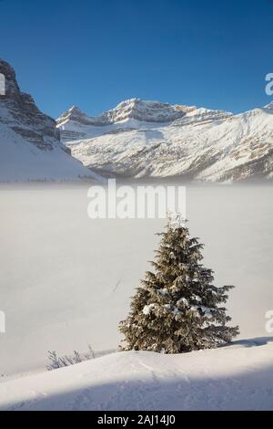 Basso la nebbia e la metà di sole d'inverno oltre al Lago Bow in Alberta Canada. Foto Stock
