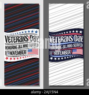 Formati vettoriali per i veterani giorno, brochure decorativo con illustrazione della nazionale rosso e blu bandiera a strisce di USA e spazzola di scritte per parole vete Illustrazione Vettoriale