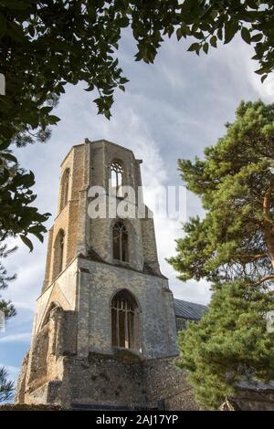 Wymondham abbey rovine della chiesa. Inglese originale del monastero benedettino di edificio. Storico di architettura religiosa si vede attraverso gli alberi nel cimitero c Foto Stock