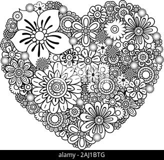 Cuore floreale. Il giorno di San Valentino per adulti pagina di colorazione. Illustrazione Vettoriale. Isolato su sfondo bianco Illustrazione Vettoriale