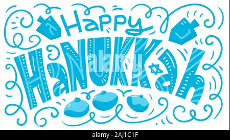 Hanukkah sfondo. Simboli per le vacanze: ciambelle e dreidels. Biglietto di auguri modello di progettazione. Happy Hanukkah. Illustrazione Vettoriale disegnato a mano stile scarabocchi. Illustrazione Vettoriale