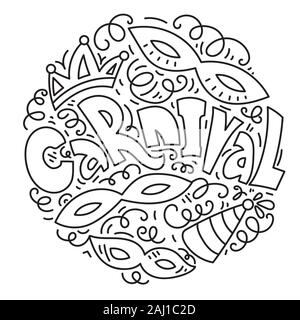 Scheda di carnevale design con maschere masquerade, corona e jester hat. In bianco e nero disegnato a mano illustrazione vettoriale. Composizione del cerchio in linea stile d'arte. Illustrazione Vettoriale