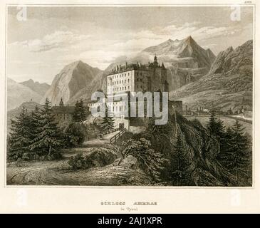 Europa, Österreich, Tirol, Innsbruck, Blick auf Schloss Ambras, Motiv aus : ' Meyer, Universum ' . Ein Volksbuch, enthaltend Abbildung und Beschreibung des Sehenswerthensten und Merkwürdigsten in Natur und Kunst . Verlag : Bibliographisches Institut, Hildburghausen, 1859 . / Europa Austria, Tirolo, Innsbruck, vista al castello di Ambras, immagine da : ' Meyer, Universum ' , casa editrice : Bibliographisches Institut, Hildburghausen, 1859 . Foto Stock