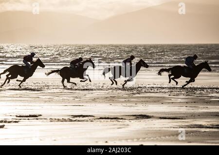 Ballyheigue, Irlanda - 1 Gennaio 2020: le corse di cavalli sulla spiaggia di Ballyheigue nella costa occidentale della contea di Kerry il giorno di nuovi anni Foto Stock