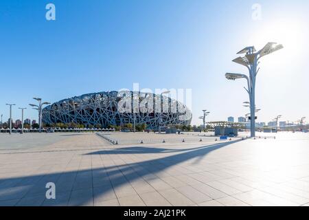 Vista del National Stadium (nido), Olympic verde, Xicheng, Pechino, Repubblica Popolare di Cina e Asia Foto Stock