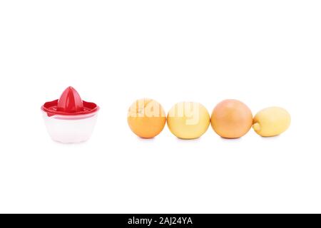 Agrumi disposte in una linea accanto a un manuale di succo, spremitore isolati su sfondo bianco. Arancione, pompelmo e limone accanto a uno spremitore. Foto Stock