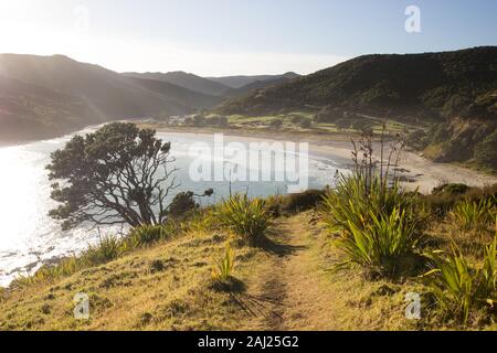 La mattina presto vista aerea di Tapotupotu Bay nel Northland, Nuova Zelanda, su Te Paki Via Costiera Foto Stock