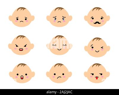 Set di volti del bambino emoji con diverso umore. Kawaii simpatici emoticon per bambini e anime giapponesi emoji volti espressioni. Illustrazione Vettoriale