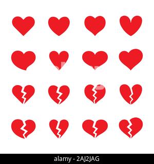 Set di simboli rossi a forma di cuore intero e rotto. Collezione di diverse icone romantiche vettoriali cuore per sito web, adesivi, logo d'amore e San Valentino Illustrazione Vettoriale