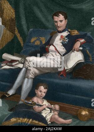 Napoleone I (Napoleone Bonaparte) (Ajaccio Corsica,1769-SAN Helena Island, 1821). Francese leader militare e l'imperatore dei francesi (1804-1815). Napoleone I e suo figlio Napoleone II (1811-1832), chiamato Re di Roma. Egli non ha mai regnato. Incisione, successiva colorazione. Foto Stock