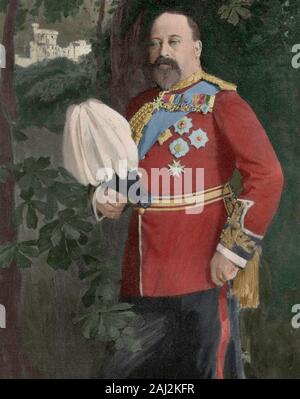 Edward VII (Londra,1841-London,1910). Re del Regno Unito di Gran Bretagna e Irlanda. L'imperatore dei domini Britihs e Imperatore dell'India (1901-1910). Incisione. L'illustrazione. Colorazione successiva. Foto Stock