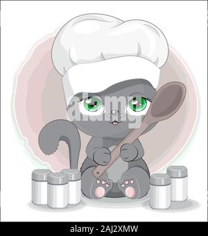 Cuocere gatto nel cappuccio con il cucchiaio e spezie. Foto in disegno a mano in stile cartoon, per t-shirt moda print design, biglietto di auguri, cartolina. baby sho Illustrazione Vettoriale