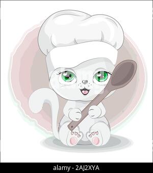 Cuocere gatto nel cappuccio con il cucchiaio. Foto in disegno a mano in stile cartoon, per t-shirt moda print design, biglietto di auguri, cartolina. baby doccia. parte Illustrazione Vettoriale