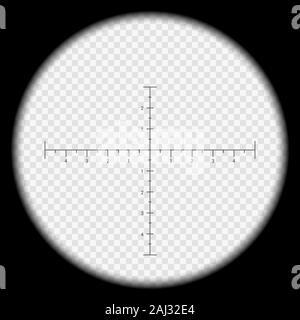 Illustrazione realistica guardando attraverso il mirino sniper con numeri di misurazione e marcatori. Ottica fucile a vista su sfondo trasparente - vettore Illustrazione Vettoriale