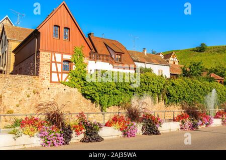 Case tradizionali nel famoso villaggio Riquewihr, Alsazia strada del vino, Francia Foto Stock