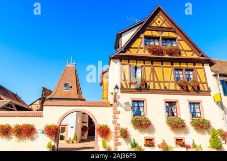 Strada nel bellissimo villaggio antico di Kintzheim che si trova sulla famosa strada dei vini di Alsazia, Francia Foto Stock