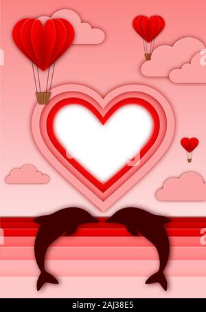 carta di san valentino con palloncini a forma di cuore, nuvole, delfini con spazio per il tuo testo in stile papercut Illustrazione Vettoriale