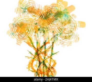 Pittura dinamica artistica in tonalità arancio e verde. Linee di vernice colorate, macchie isolate su sfondo bianco. Bouquet astratto di fiori. Riassunto Foto Stock
