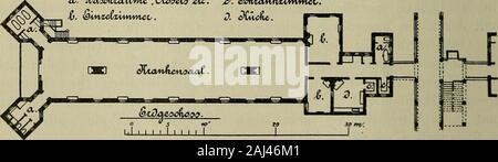 Handbuch der Krankenversorgung und Krankenpflege . Progetto Preisgekröntes für ein Landeskrankenhaus zu Troppau.Grundriss eines Pavillons. welches ausserhalb der Krankenabtheilungen liegt, sodass eine Luft-commimikatiou zwischen unter dem- und Obergeschoss nicht statt-finden kann. In englischen Hospitälern, wo meistens die Nebenräume auf beideGiebelseiten des Krankensaales vertheilt werden, sind die Olosets mitden Wasch- und Badezimmern häufig in einem freistehenden Thurm ander dem gegenüberliegenden Eingang Giebelseite des Pavillons angeordnetund mit dem Pavillonsaal durch einen schmalen, gut Foto Stock