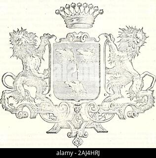 Le nobiliaire universel ou recueil général des généalogies historiques et vérdiques des Maisons nobles de l'Europe . NORMANDIE, Anjou, Picardia, xiRTOIS Baroni de Saime-Jammes, de Yauuésir , DE essere.VAKDES , DE VILLENEUVE, DE SaI.NÏ - GeRMAIN , DE LA ROCHE-^IaILLET ; Seigneurs de la IîortARDii;RI, de cui.u.Mni-SLR-Tuux, DE PÉRIERS , DE LA CoUTURE , DE MoNTFLELRY, DUS L.V.ND1XLES , DE SaIM-andré , de Maké, de Graville, ? • . DE LA GrAND-^IaISON, DE LA JaCOIILRE, ecc. Armes : azzurra, au dard dor, accompagné de trois Ictes de loup arrachées dargent.Couronne : de Comte. - Surroias : Deux Lions. -Devis Foto Stock