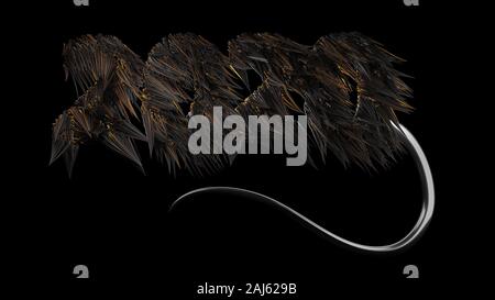 3D rendering un simpatico 2020 lettere con pelliccia e coda in metallo isolata su uno sfondo nero. Per il ratto zodiac 2020 nel calendario cinese. Foto Stock