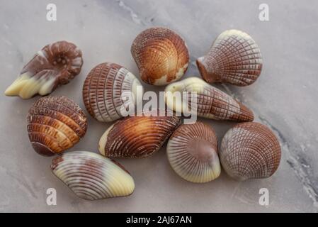 Un assortimento di dolci praline di cioccolato con il concetto di mare su sfondo marrone Foto Stock