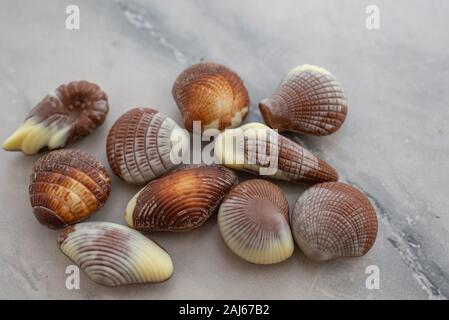 Un assortimento di dolci praline di cioccolato con il concetto di mare su sfondo marrone Foto Stock