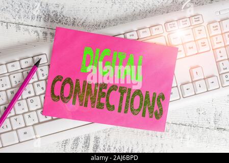 La grafia la scrittura di testo connessioni digitali. Foto concettuale il modo online per esplorare e costruire relazioni White keyboard forniture per ufficio vuoto Foto Stock