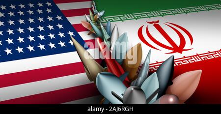 Iran USA crisi militare e lo scontro armato o usa proxy iraniani la guerra in conflitto con due governi contrapposti in una controversia come un golfo persico. Foto Stock