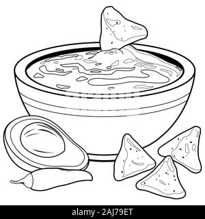 Ciotola di avocado guacamole e nachos chips. In bianco e nero nella pagina di colorazione Foto Stock