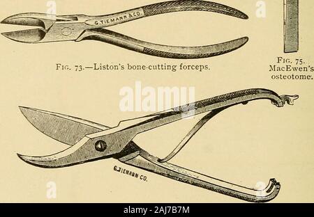 L'assistente chirurgico, un manuale per gli studenti, professionisti, ospedale internes e infermiere . Fig. 72.-Markoes sequestrum forcipe.. Fig. 74.-Costotome. Strumenti chirurgici. 347 Foto Stock