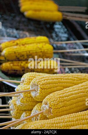 Grigliate sulla pannocchia di mais su carbone di legna Foto Stock