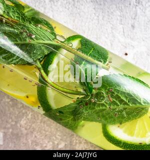 Acqua, kiwi arancione, foglie di menta, chia fresca di fragola, limone, fragola limone Foto Stock