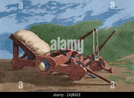Onagro. Era un romano imperiale di torsione assedio alimentato il motore. Incisione. Museo Militar, 1883. Colorazione successiva. Foto Stock