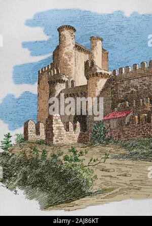 Spagna, Ponferrada. Castello dei templari. Incisione. Museo Militar, 1883. Colorazione successiva. Foto Stock