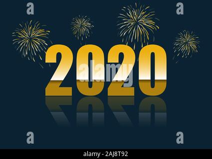 Felice anno nuovo 2020 a riflettere su sfondo blu Illustrazione Vettoriale