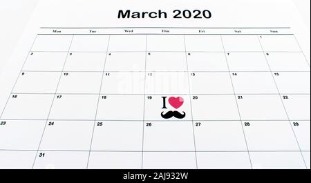 Pagina del calendario con il design creativo su Marzo 19 padri di giorno. Felice giorno padri concetto. Foto Stock