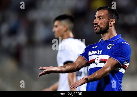 La Spezia, Italia. 7 agosto 2019: Fabio Quagliarella di UC Sampdoria reagisce durante la pre-stagione amichevole incontro di calcio tra La Spezia Calcio e UC Sampdoria. UC Sampdoria ha vinto 5-3 oltre Spezia Calcio. Credito: Nicolò Campo/Alamy vivere nuove Foto Stock