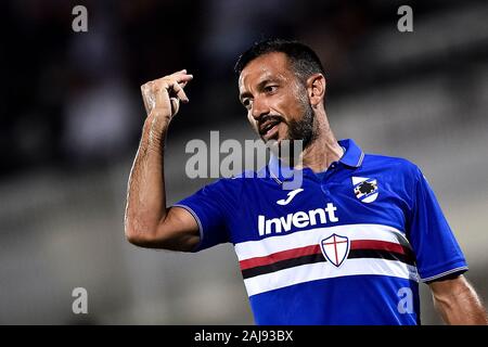 La Spezia, Italia. 7 agosto 2019: Fabio Quagliarella di UC Sampdoria reagisce durante la pre-stagione amichevole incontro di calcio tra La Spezia Calcio e UC Sampdoria. UC Sampdoria ha vinto 5-3 oltre Spezia Calcio. Credito: Nicolò Campo/Alamy vivere nuove Foto Stock