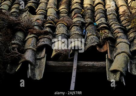 Tetto di tegole di argilla su vecchie case residenziali a Sciacca, Sicilia, Italia. Foto Stock